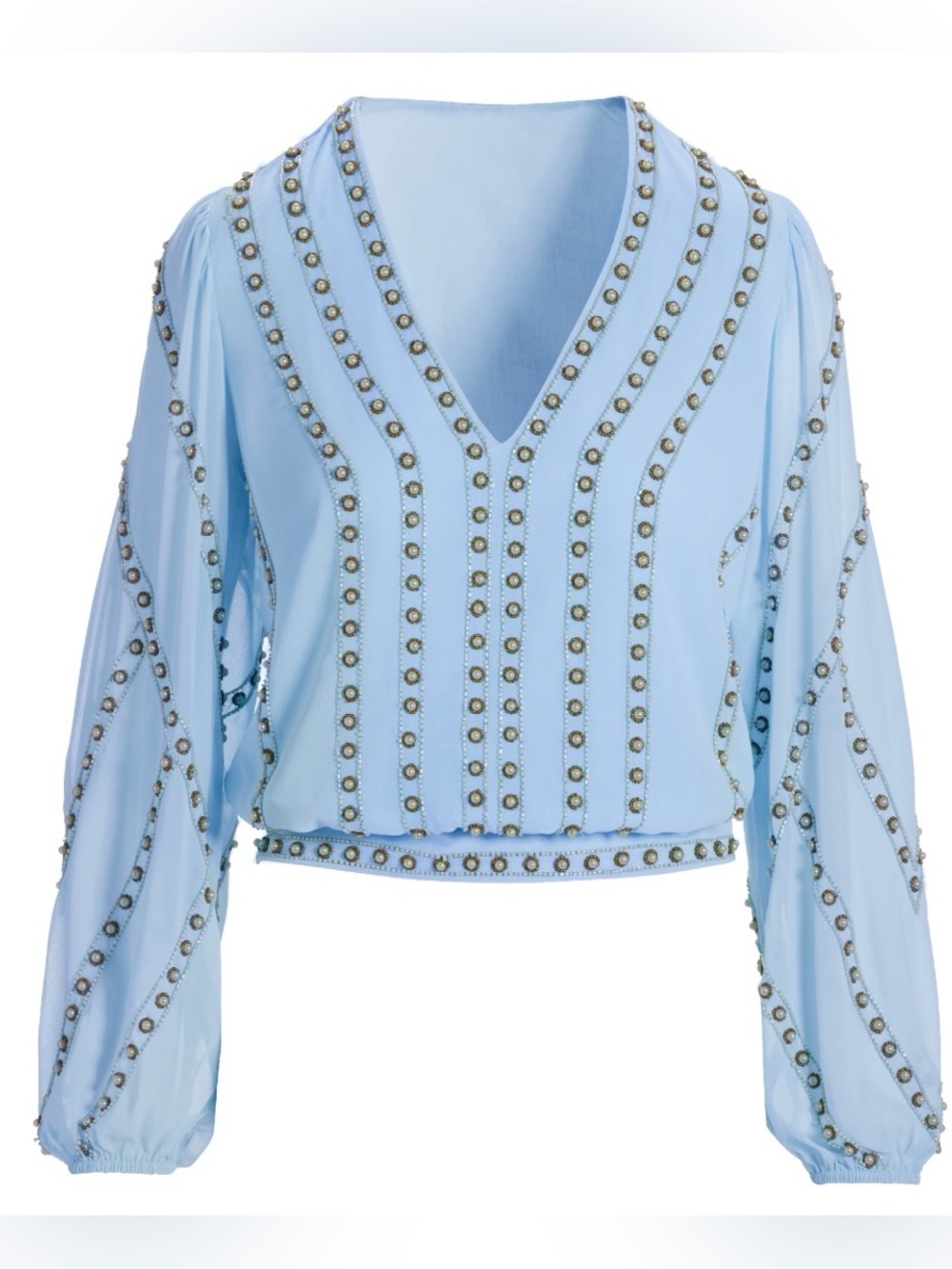 Boston Proper Pearl Grommet Detail Blouse sz Large Light Blue Beaded